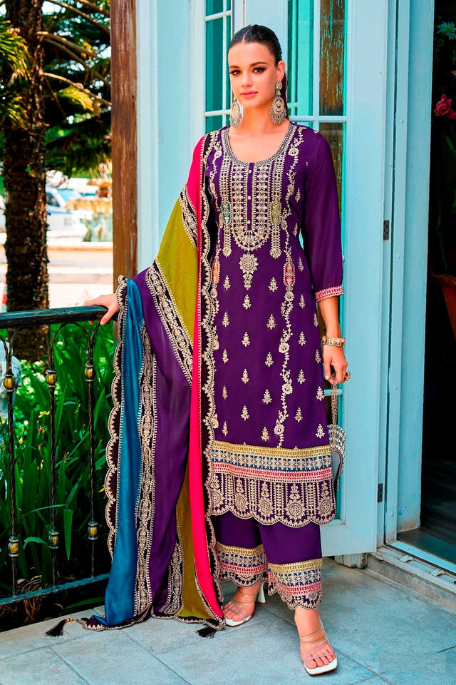 Purple Embroidered Santoon Palazzo Suit Set