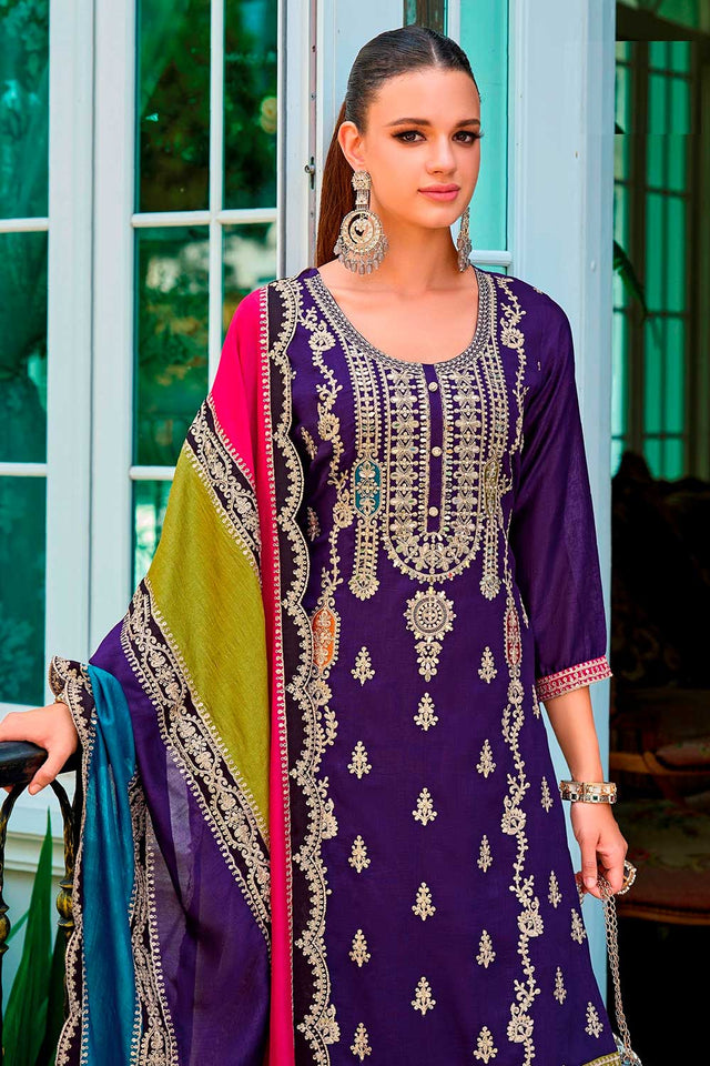 Purple Embroidered Santoon Palazzo Suit Set