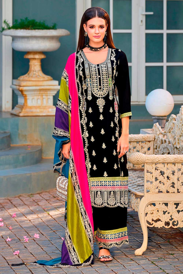 Black Embroidered Santoon Palazzo Suit Set