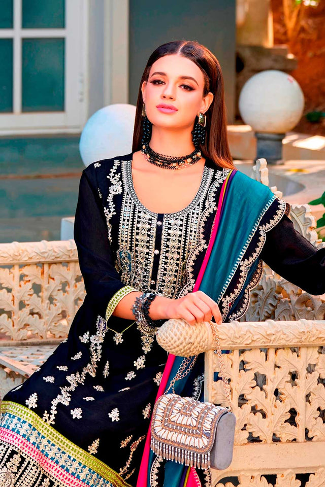 Black Embroidered Santoon Palazzo Suit Set
