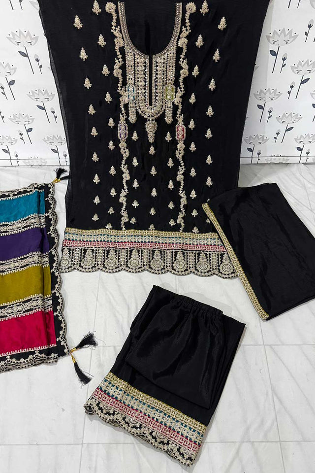 Black Embroidered Santoon Palazzo Suit Set
