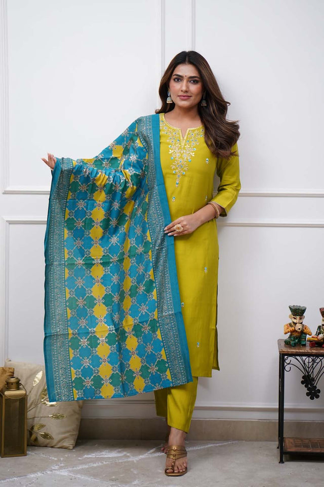 Green Embroidered Silk Straight Cut Suit Set