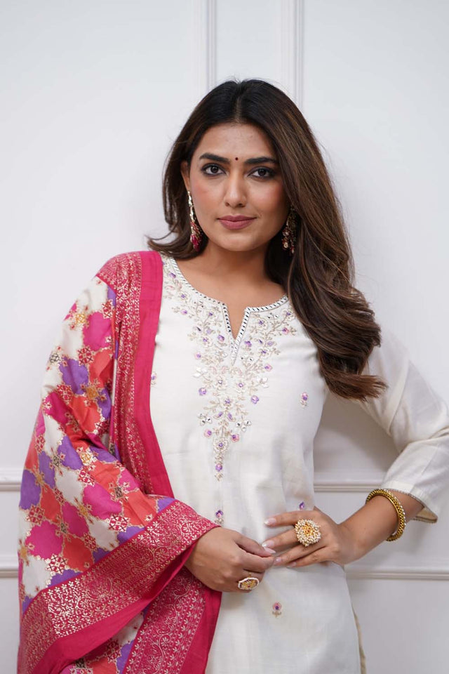 White Embroidered Silk Straight Cut Suit Set