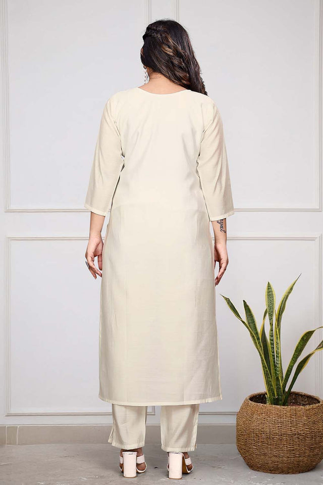 Beige Embroidered Chanderi Straight Cut Suit Set