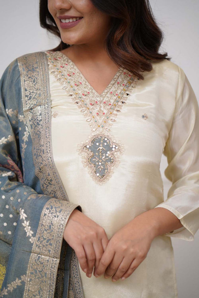 Beige Embroidered Chanderi Straight Cut Suit Set