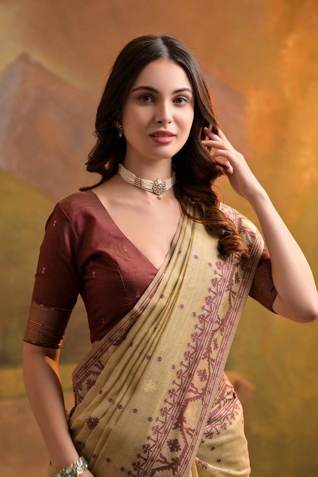 Beige Geometric Printed Woven Soft Muga Cotton Saree