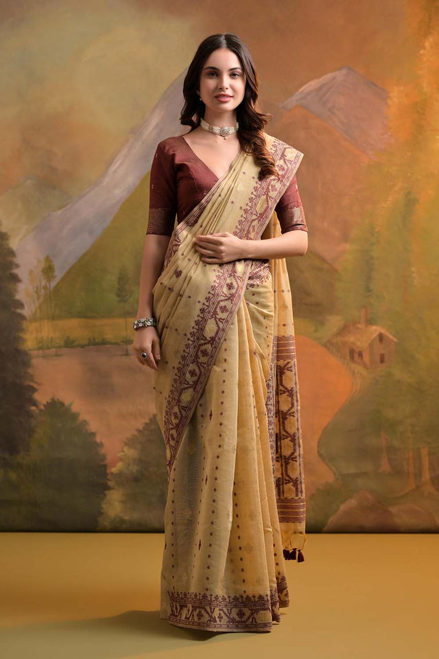 Beige Geometric Printed Woven Soft Muga Cotton Saree