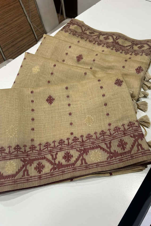 Beige Geometric Printed Woven Soft Muga Cotton Saree
