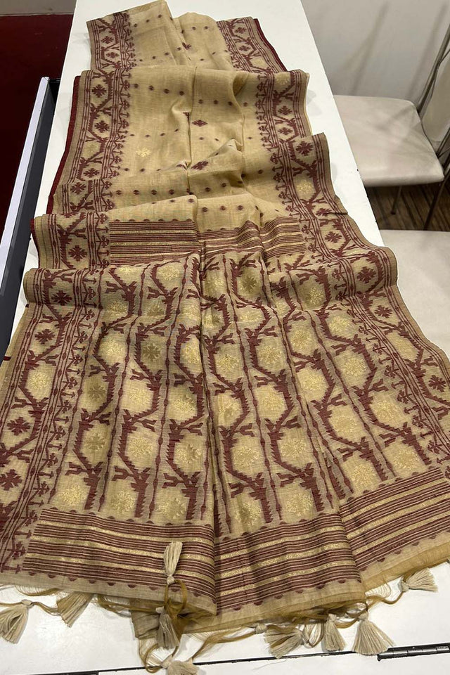 Beige Geometric Printed Woven Soft Muga Cotton Saree