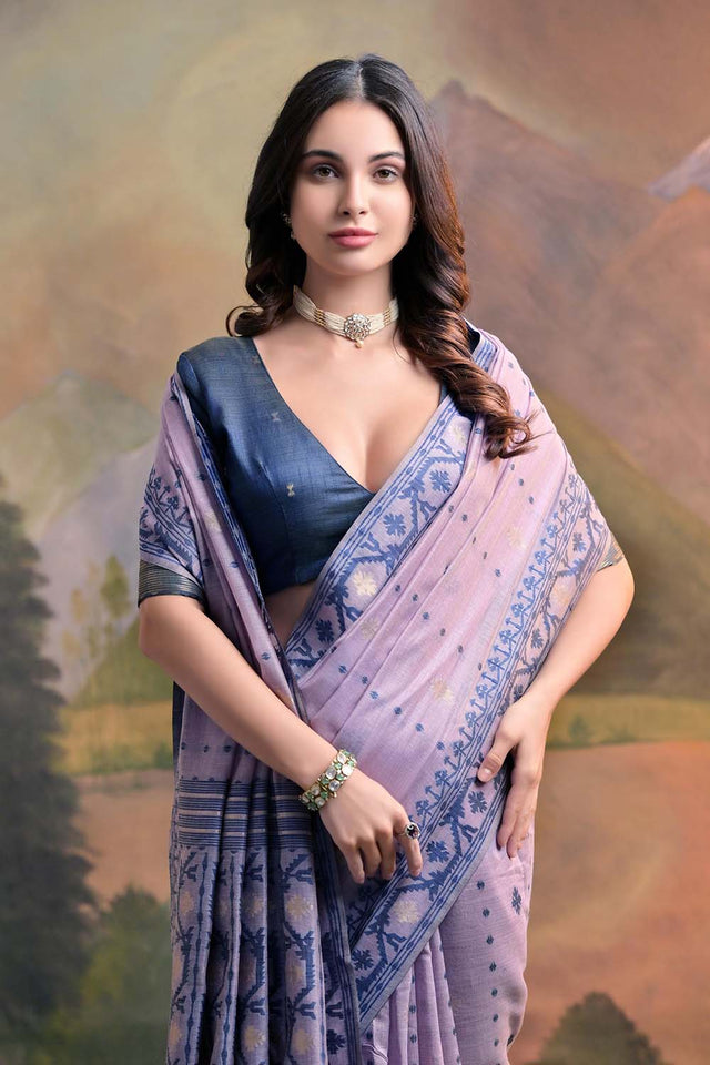 Violet Geometric Printed Woven Soft Muga Cotton Saree