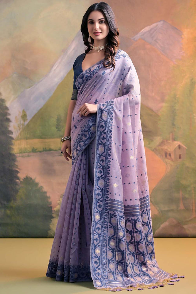 Violet Geometric Printed Woven Soft Muga Cotton Saree