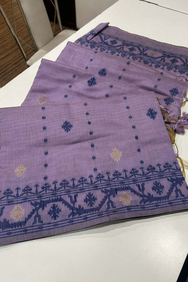 Violet Geometric Printed Woven Soft Muga Cotton Saree