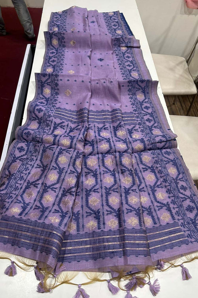 Violet Geometric Printed Woven Soft Muga Cotton Saree