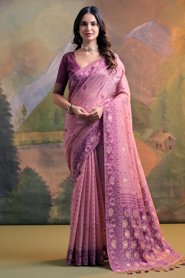 Pink Geometric Printed Woven Soft Muga Cotton Saree