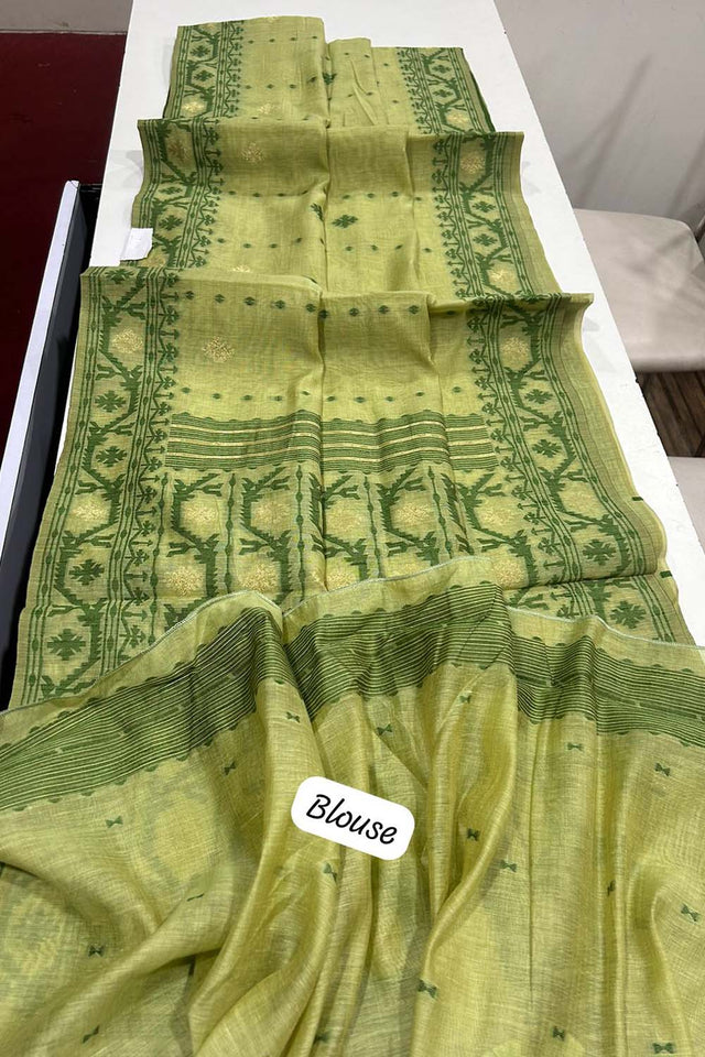 Green Geometric Printed Woven Soft Muga Cotton Saree