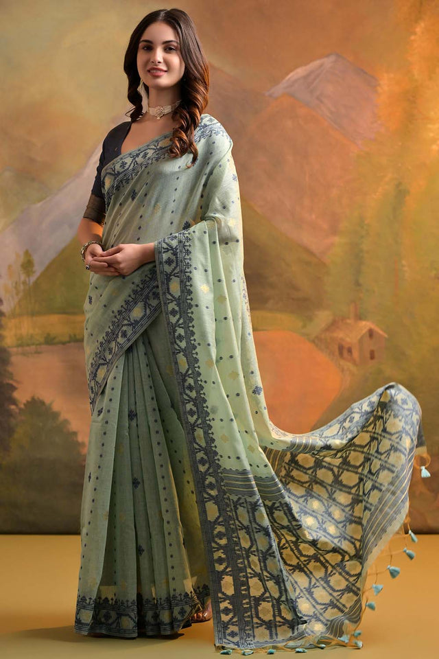 Turquoise Geometric Printed Woven Soft Muga Cotton Saree