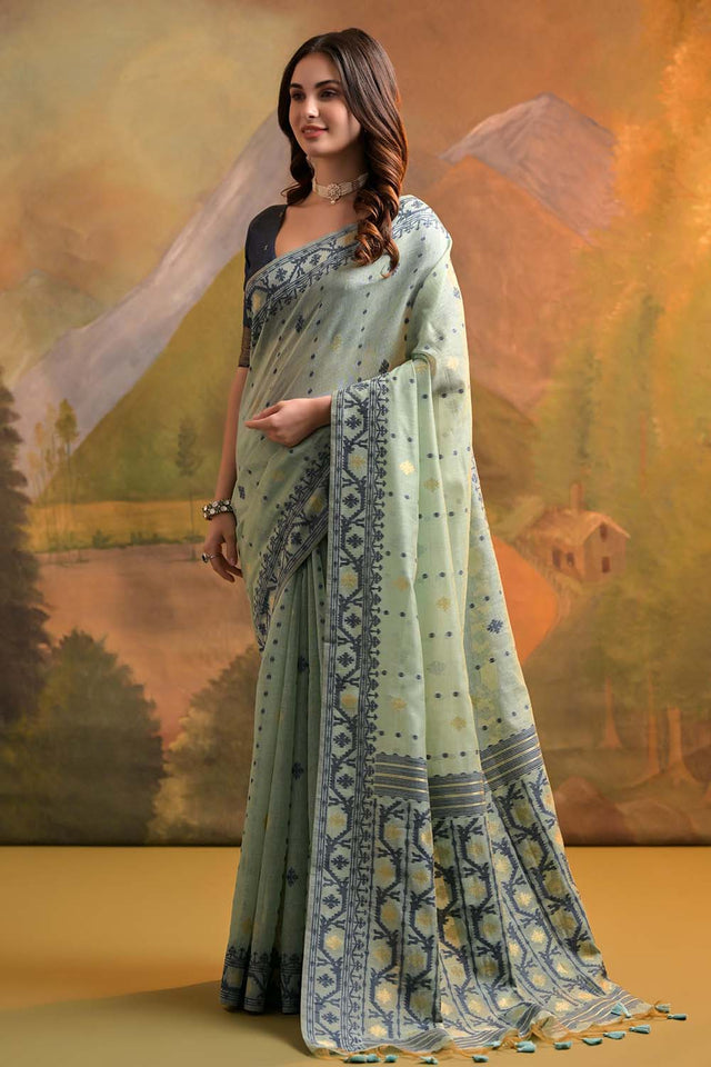 Turquoise Geometric Printed Woven Soft Muga Cotton Saree