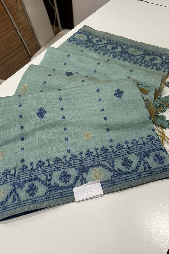 Turquoise Geometric Printed Woven Soft Muga Cotton Saree