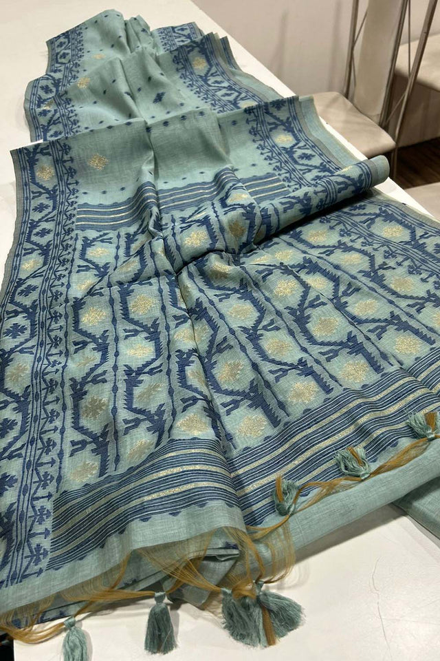 Turquoise Geometric Printed Woven Soft Muga Cotton Saree