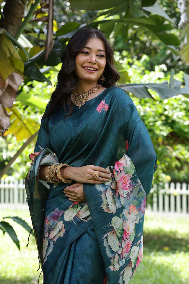 Blue Floral Printed Silk Saree