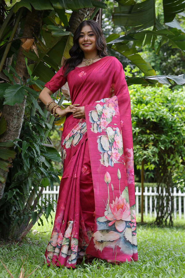 Pink Floral Printed Silk Saree
