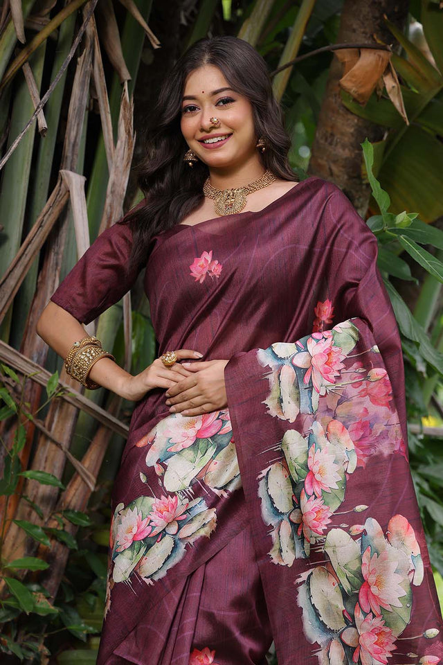 Wine Floral Printed Silk Saree