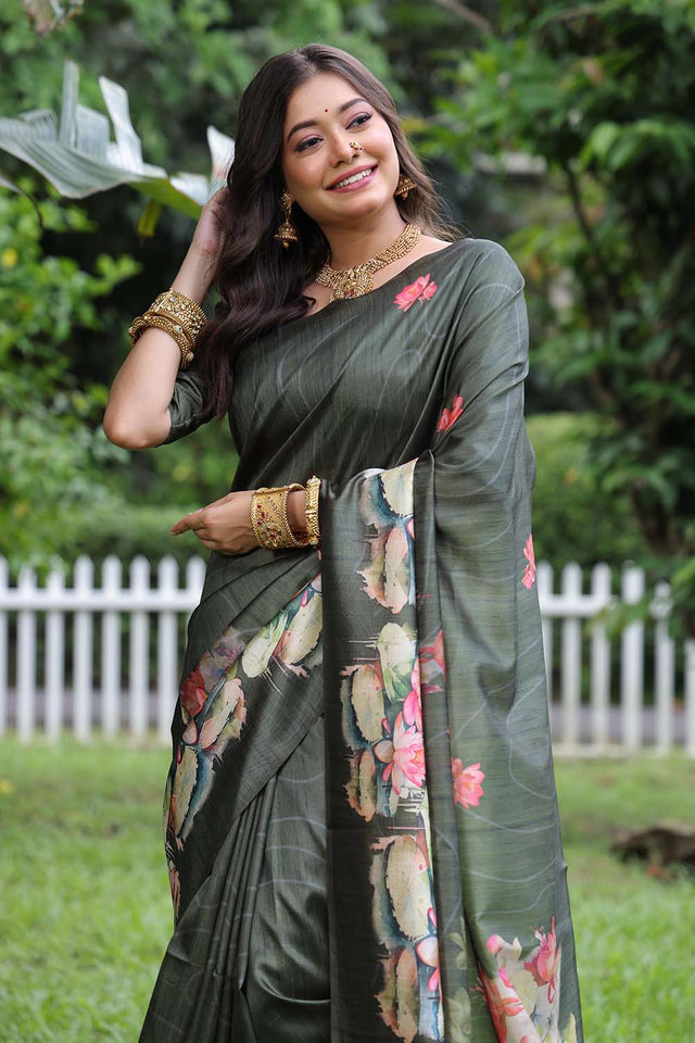 Grey Floral Printed Silk Saree