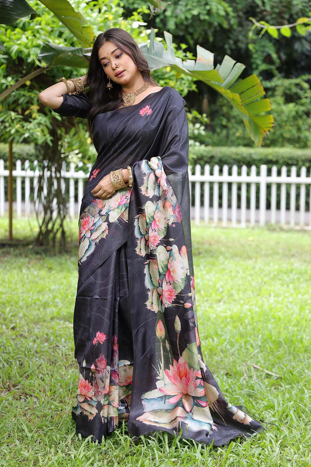 Blue Floral Printed Silk Saree