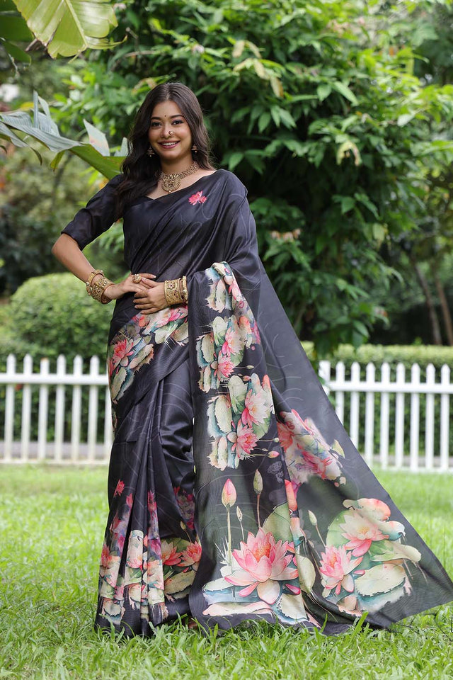 Blue Floral Printed Silk Saree