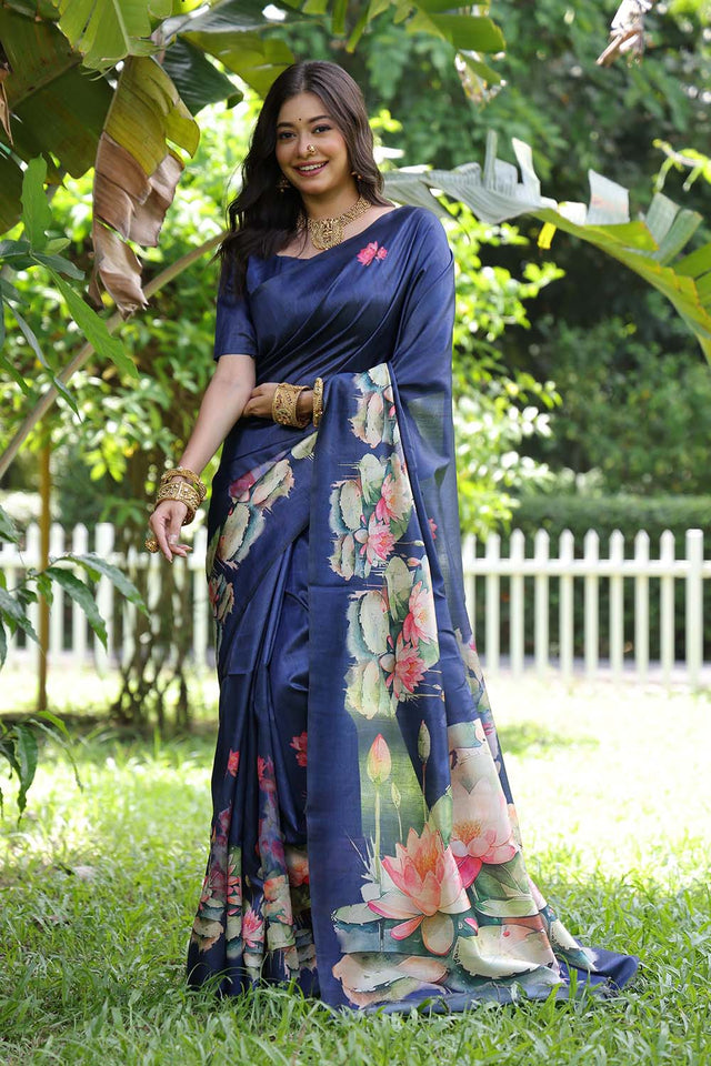 Blue Floral Printed Silk Saree