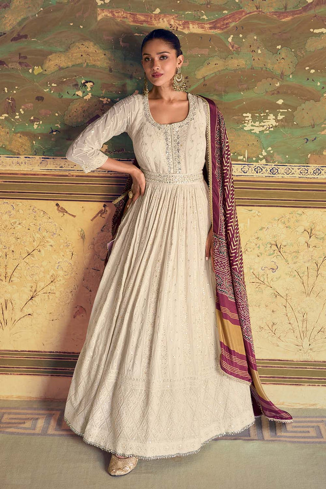 White Sequin with Embroidered Georgette Gown