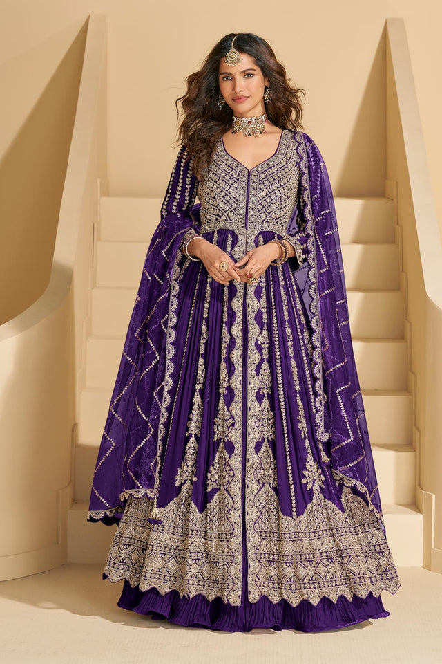 Violet Sequin with Embroidered Chinon Gown