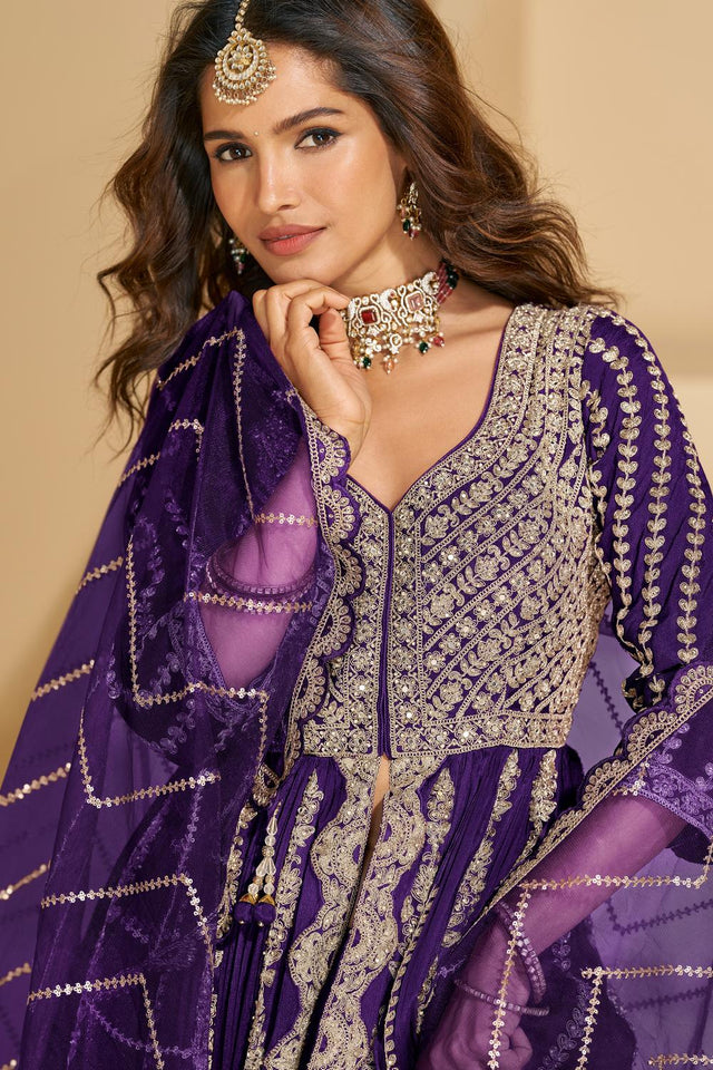 Violet Sequin with Embroidered Chinon Gown