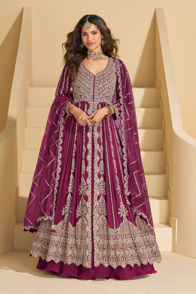 Magenta Sequin with Embroidered Chinon Gown