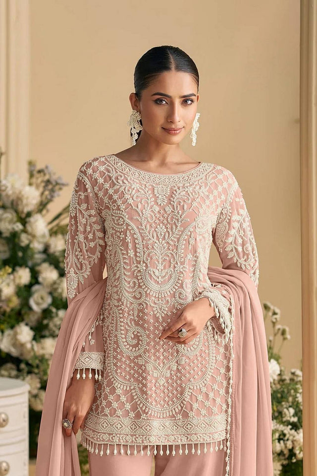 Pink Floral Embroidered Georgette Kurti Pant Set