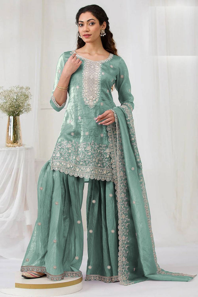 Blue Floral Embroidered Crepe Palazzo Suits