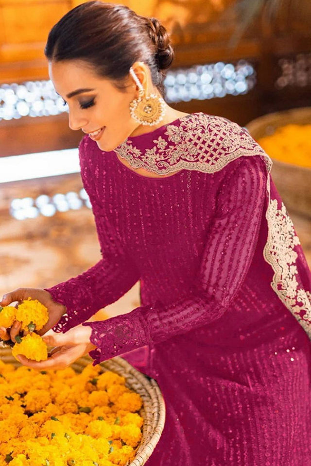 Dark Pink Sequin Georgette Straight Cut Suits