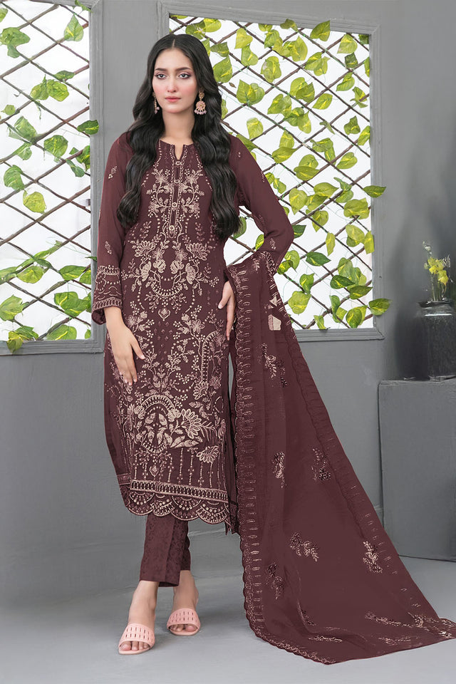 Maroon Floral Embroidered Georgette Straight Cut Suits
