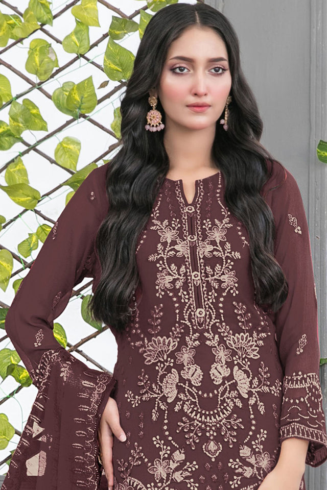 Maroon Floral Embroidered Georgette Straight Cut Suits