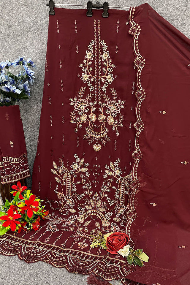 Maroon Floral Embroidered Georgette Straight Cut Suits