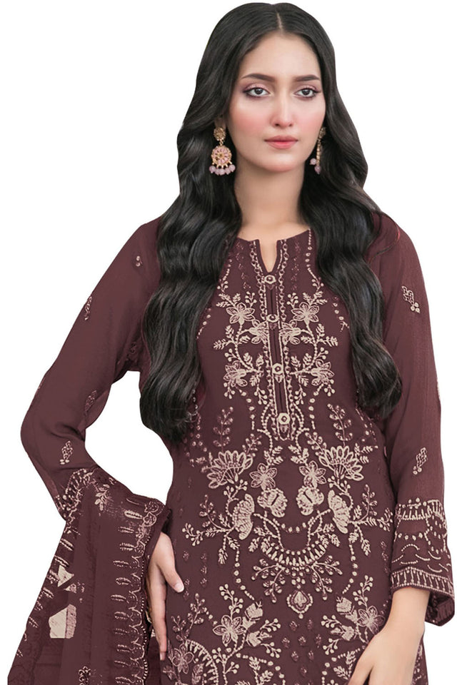 Maroon Floral Embroidered Georgette Straight Cut Suits