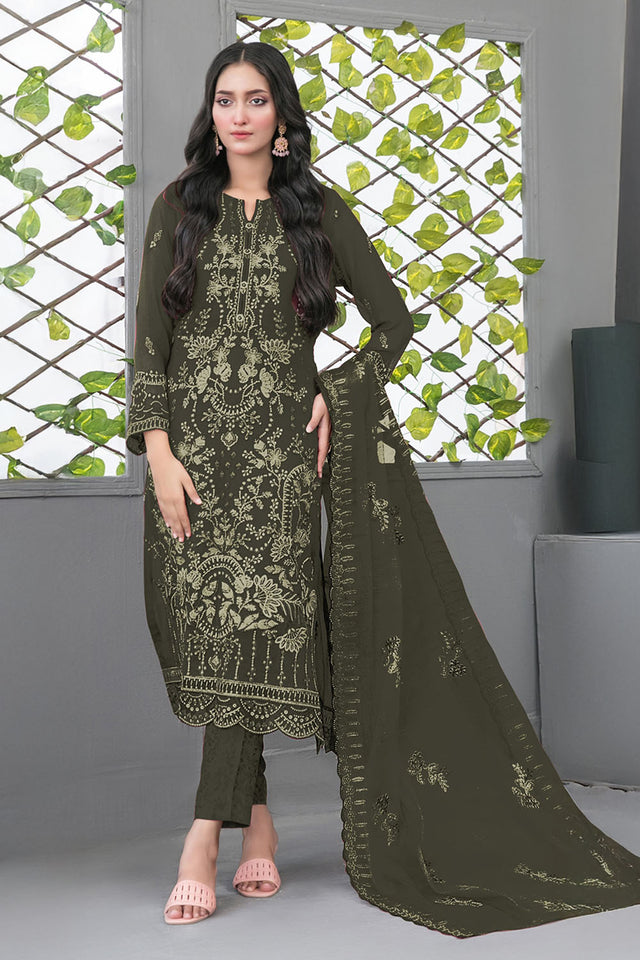 Green Floral Embroidered Georgette Straight Cut Suits