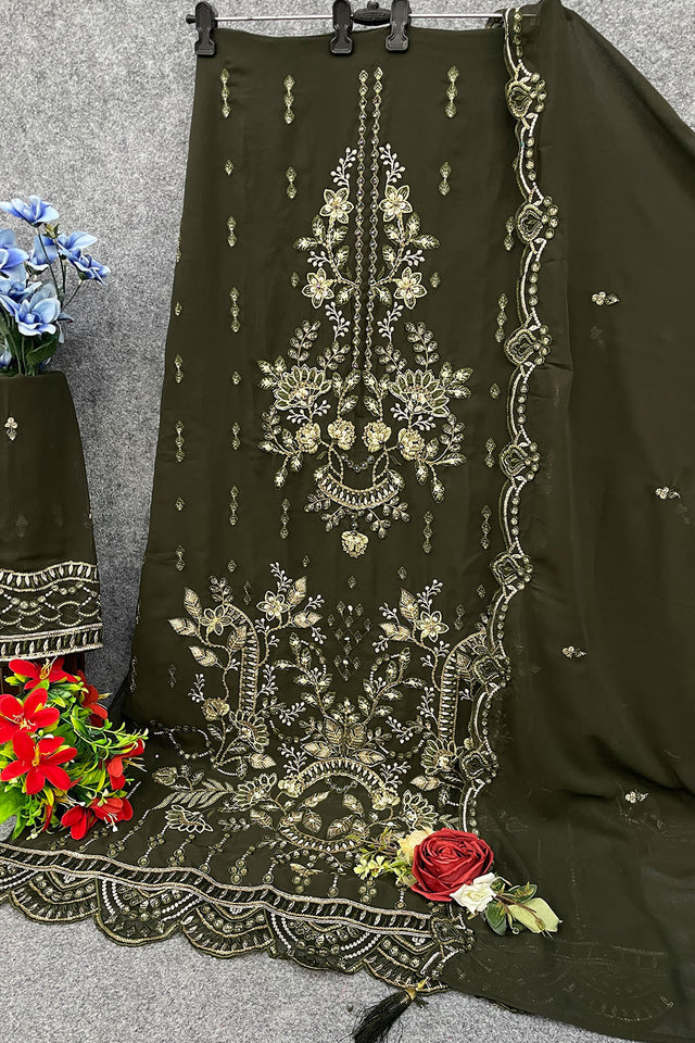Green Floral Embroidered Georgette Straight Cut Suits
