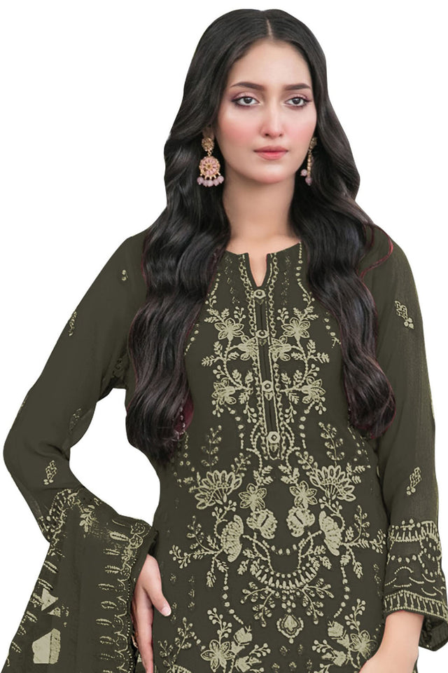 Green Floral Embroidered Georgette Straight Cut Suits