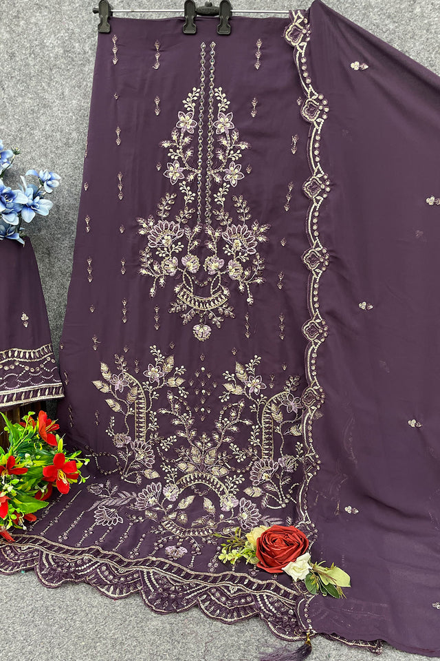 Violet Floral Embroidered Georgette Straight Cut Suits