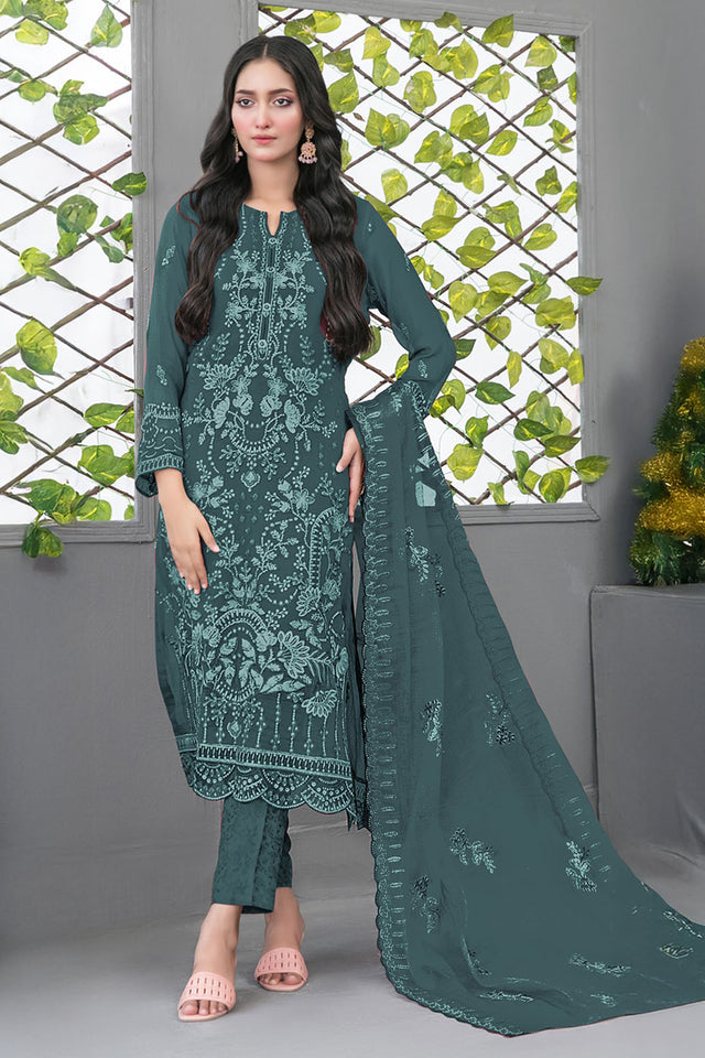 Turquoise Floral Embroidered Georgette Straight Cut Suits