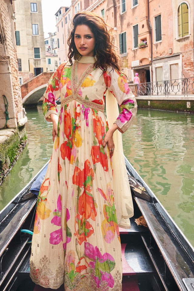 Off White Floral Printed Chinon Gown