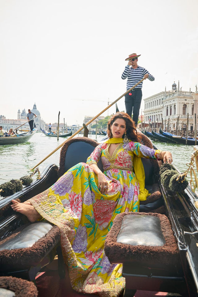Yellow Floral Printed Chinon Gown
