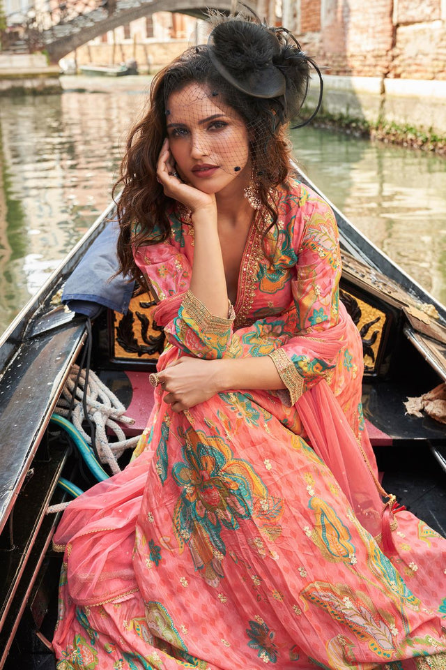 Orange Floral Printed Chinon Gown