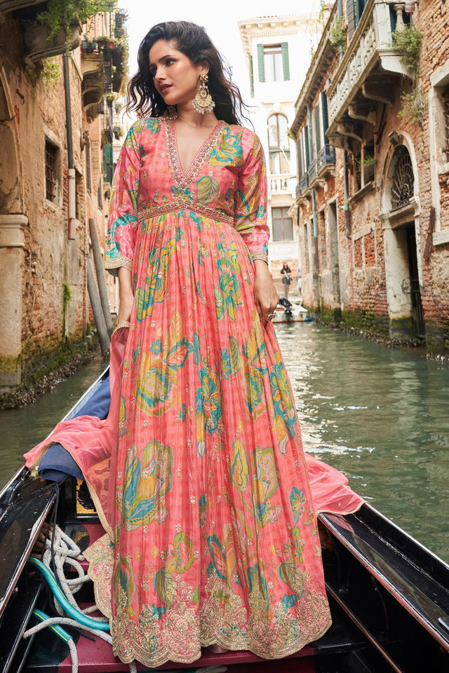 Orange Floral Printed Chinon Gown